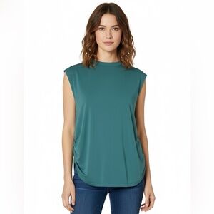 ABERCROMBIE&FITCH Paloma Teal Cotton Blend Stretch Rusched Side Funnel Neck Top